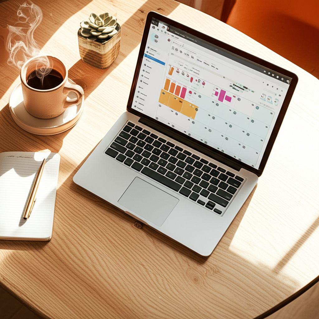 Clean workspace with laptop showing social media analytics and content calendar